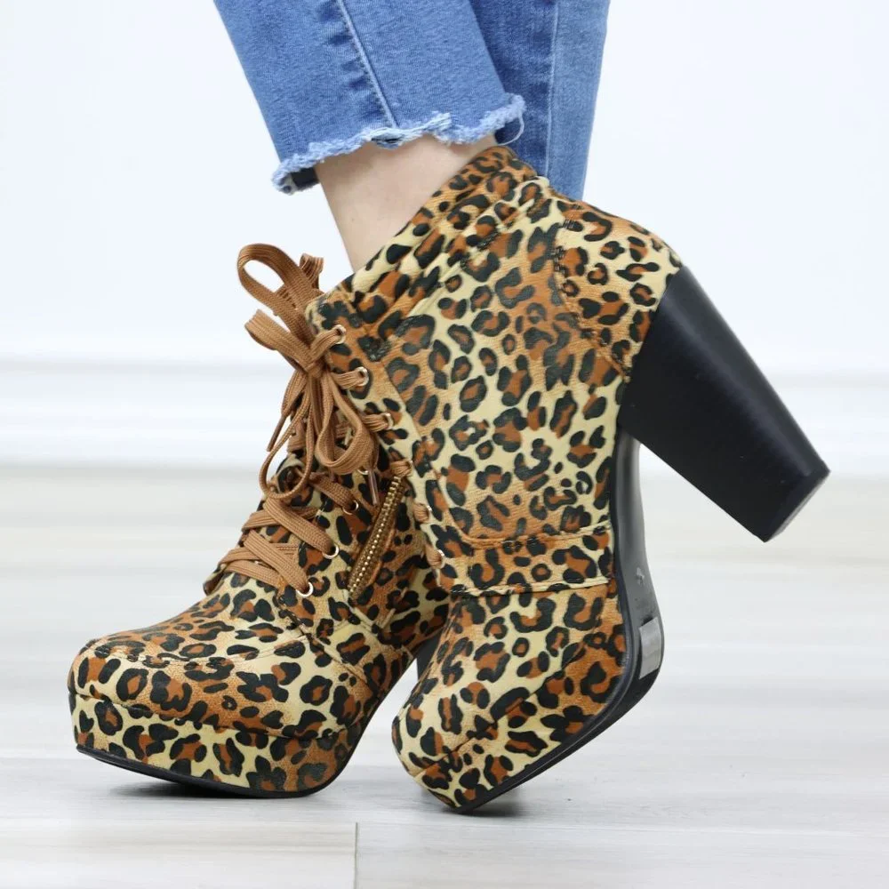 Leopard Platform Ankle Boots High Heel Leopard Faux Suede Lace-Up Block - Picture 8 of 12